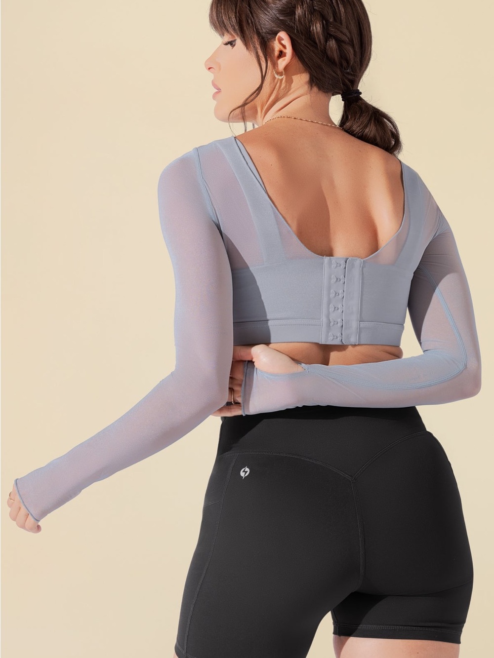 NWT POPFLEX Coquette Long Sleeve Mesh Sports Bra Blue Stone XL